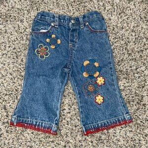 464 Koala Kids Embroidered Floral Denim Jeans Blue Blanket Stitch Hem 6-9M